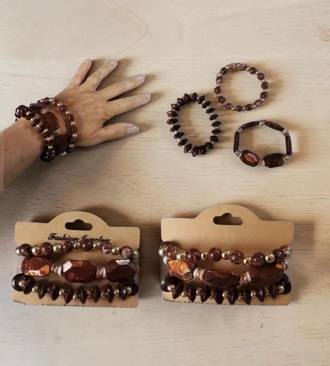 Lote de 3 Peças/pulseiras de contas café dourado unissex tamanho único elástico-Novo- – photo 3